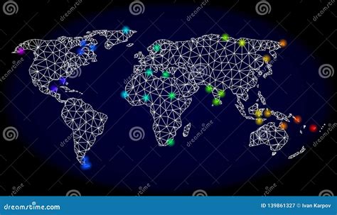 Polygonal D Mesh Map Of World With Bright Spectrum Light Spots Stock