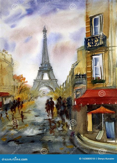 Pintura Acuarela De La Calle Paris Con La Torre Eiffel Stock De