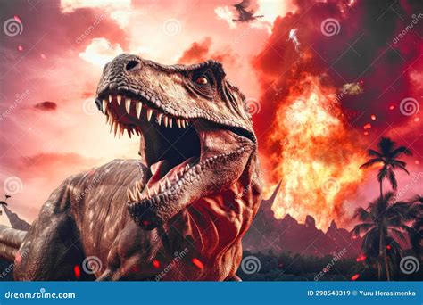 A Terrible Dinosaur Tyrannosaurus T Rex With An Open Huge Mouth Against