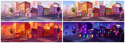 Free Vector City Street At Night And Day Time Cartoon Vector