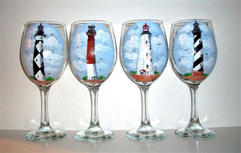 Lighthouses Hand Painted Wine Glasses Painted Wine Glasses Set Of 4 20 Oz Wine Glasses