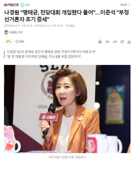 나경원 명태균 전당대회 개입했다 들어이준석 부정선거론자 초기 증세 정치시사 에펨코리아