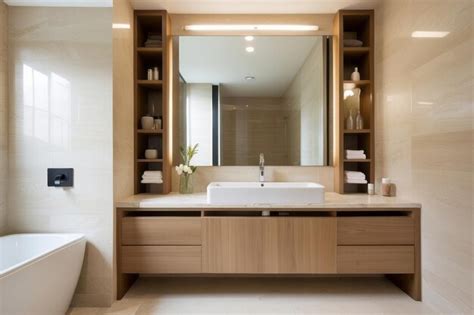 Premium Photo Modern Beige Bathroom Design With Wood And Marble