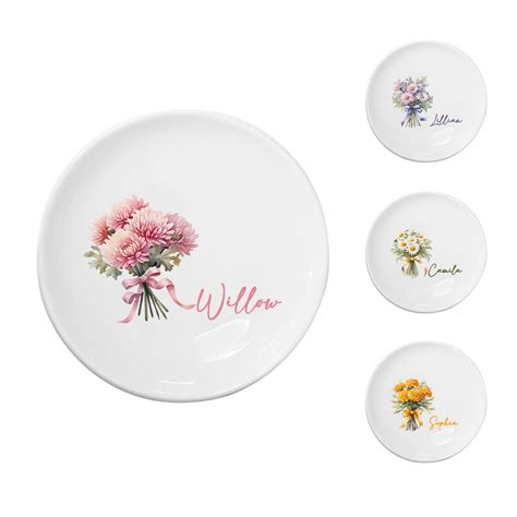 Personalized Birth Flower Ring Dish With Name Custom Ceramic Jewelry