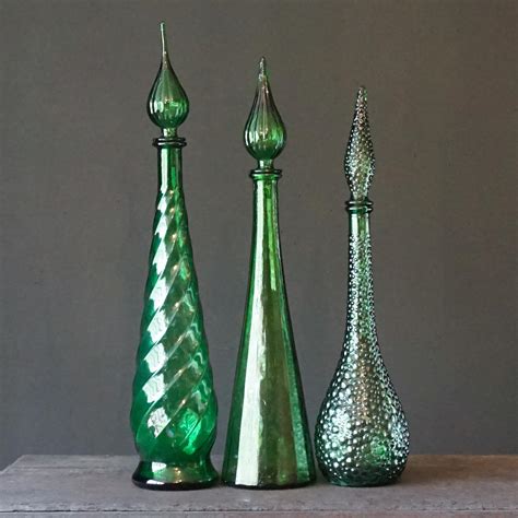 1960s Italian Empoli Mcm Green Glass Decanters Genie Bottles And Apothecary Jars For Sale At 1stdibs