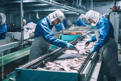 Fish Processing Plant Production Line People Sort The Fish Moving