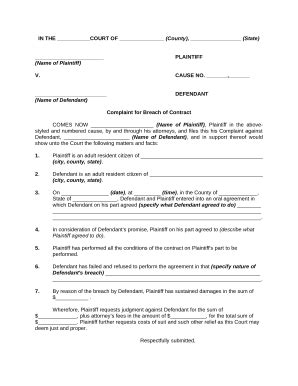 General Of Complaint For Breach Of Oral Contract Doc Template PdfFiller