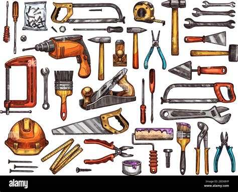 Tool For Construction And Repair Work Sketch Set Hammer Screwdriver