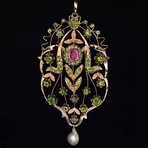 Art Nouveau Antique Russian Tourmaline Demantoid Pearl Necklace Antique Jewelry Vintage