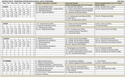 CalendÁrio Escolar Do Ano Letivo 2022 Colégio Santa Terezinha