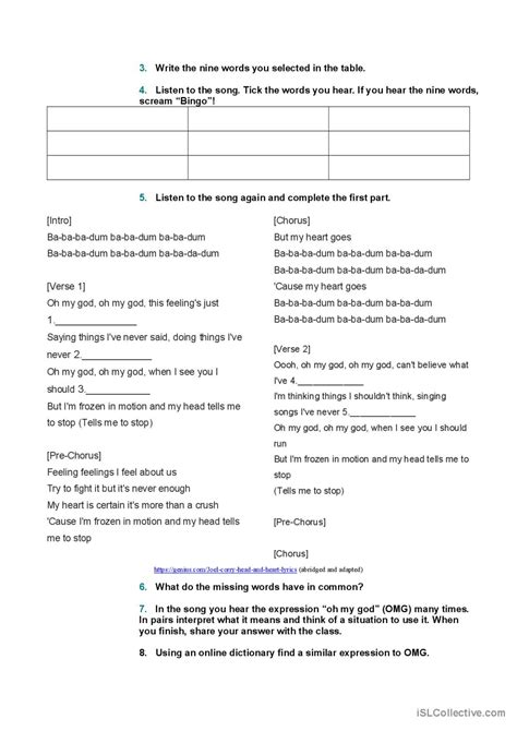 Head And Heart Bingo Song And Nursery English Esl Worksheets Pdf And Doc