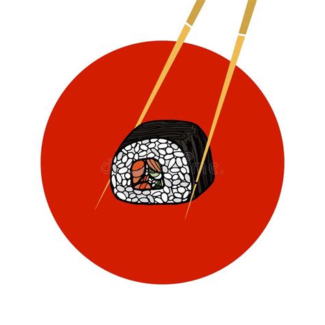 Sushi Roll With Chopsticks Japanese Food Hand Drawn Vector Ill Stock