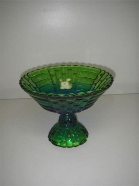 Jeannette Glass FLORAGOLD Louisa Blue Green Flashed Compote Fruit Bowl