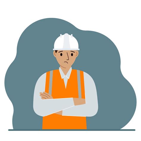 Sad Male Construction Worker In A White Helmet And An Orange Vest