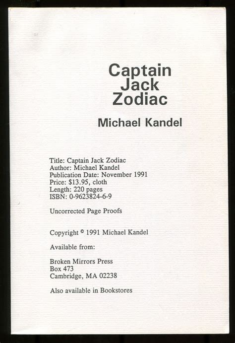 Captain Jack Zodiac By Kandel Michael Near Fine Softcover 1991