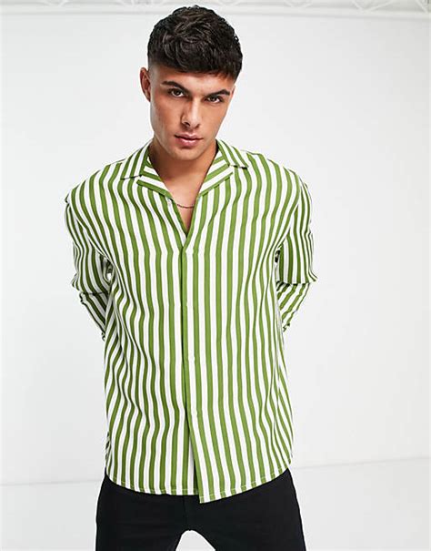 Asos Design Relaxed Deep Camp Collar Shirt In Olive Green Stripe Asos