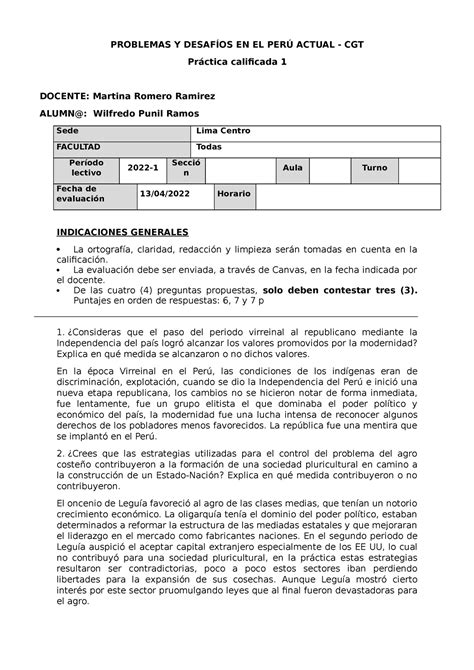 Práctica Calificada 1 CGT 2022 Marzo PROBLEMAS Y DESAFÍOS EN EL PERÚ