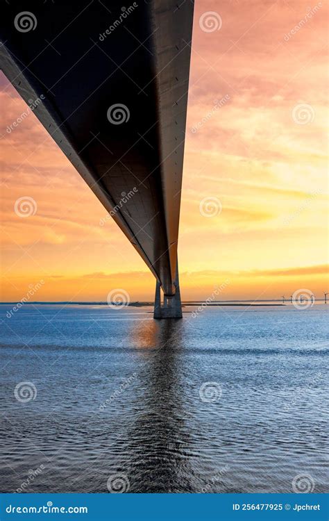 Great Belt Suspension Bridge At Sunset Denmark Stock Image Image Of