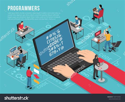 Computer Programmers Work Isometric Conceptual Composition Stock Vector