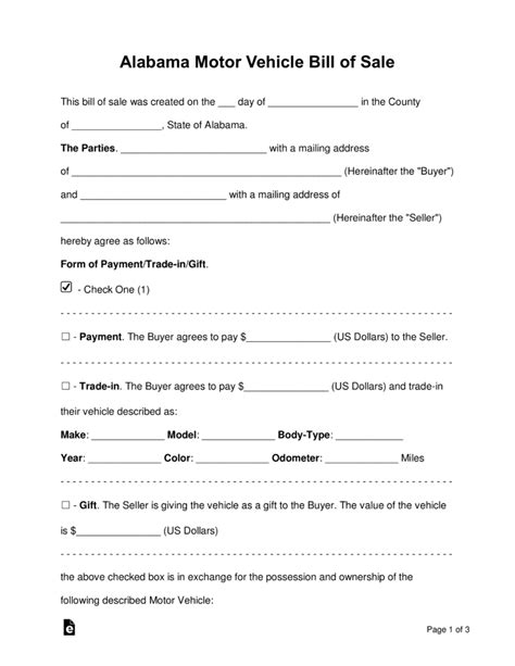 Free Alabama Motor Vehicle Bill Of Sale Form Word Pdf Eforms