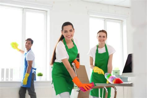 Equipo Conserjes Profesionales Oficina Limpieza Uniforme fotografía de