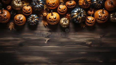 Top View Wrapping Paper And Halloween Pumpkins On A Weathered Rustic Wood Surface With Copy