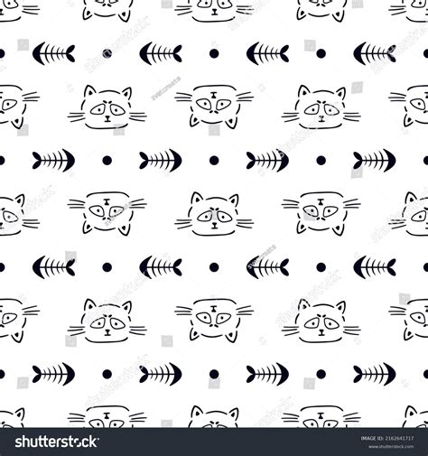 Doodle Seamless Pattern Cat Fish Skeleton Stock Vector Royalty Free