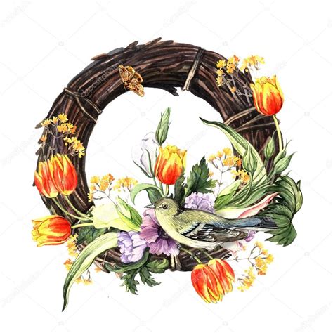 Watercolor Wreath With Flowers And Bird Stock Photo Ann Art 94822320