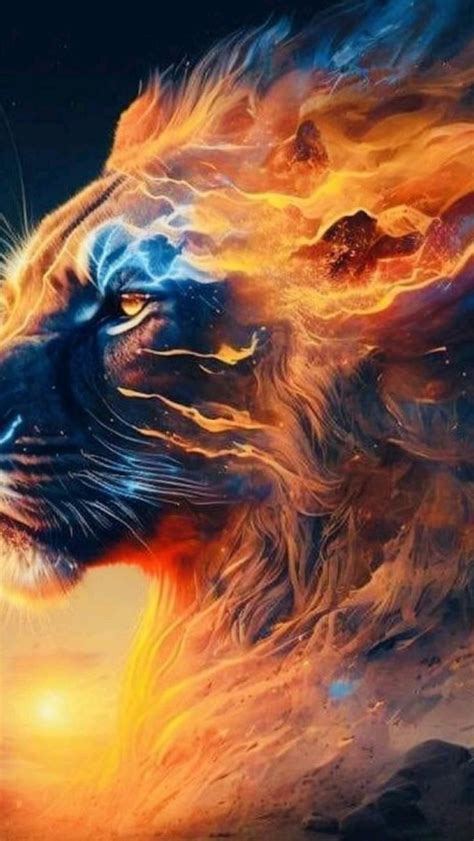 Blazing Lion Painting With Sun Background