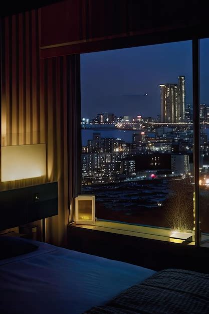 Premium AI Image | Double bed in a hotel room with a view of the city ...