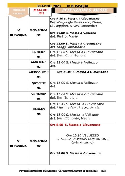 Calendario Liturgico Dal 30 Aprile Al 07 Maggio 2023