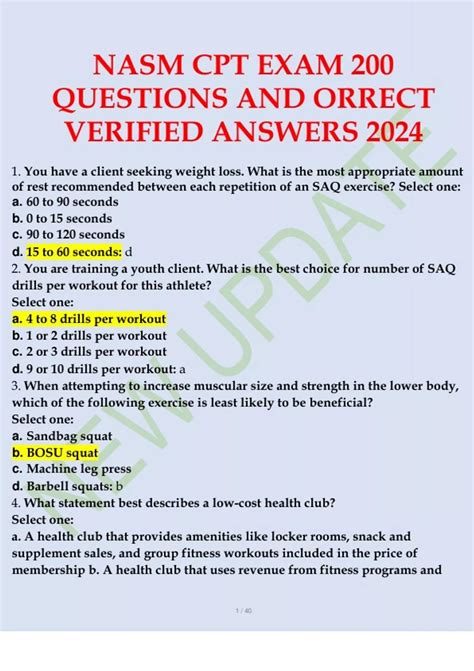 Nasm Cpt Exam 200 Questions And Correct Verified Answers 2024 Nasm