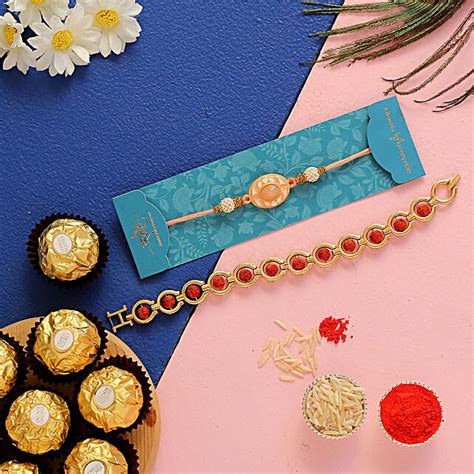 Rudraksha Peach Rakhis With Pcs Ferrero Rocher Singapore Gift