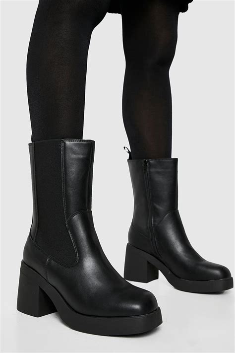 Wide Fit Elastic Panel Chunky Heeled Chelsea Boots Boohoo Uk