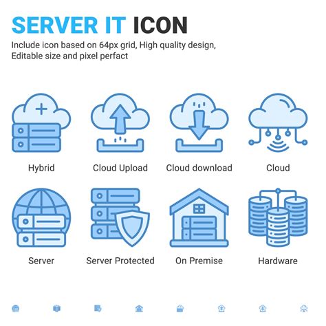 Server IT and technology icon set. Editable size. With blue ui style on ...