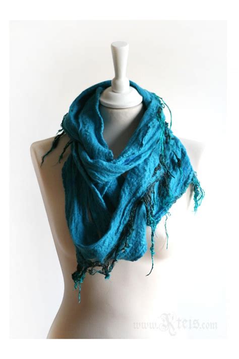 Turquoise Merino Wool Infinity Scarf With Silk Fringes Felt Scarf