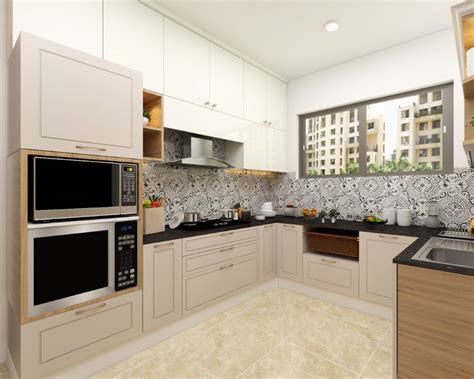 Modular Beige And White U Shaped Kitchen Design Livspace