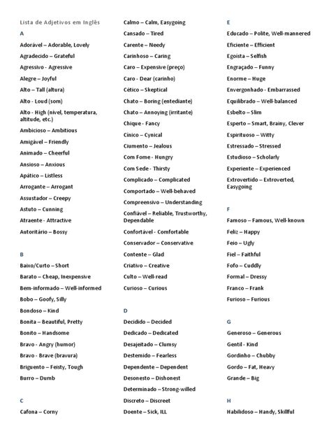 Lista De Adjetivos Em Inglês Pdf