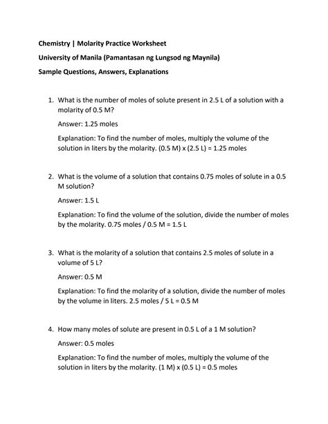 Solution Molarity Practice Worksheet Studypool Worksheets Library