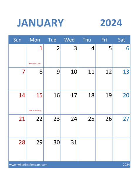 January Holidays Calendar 2024 J14376