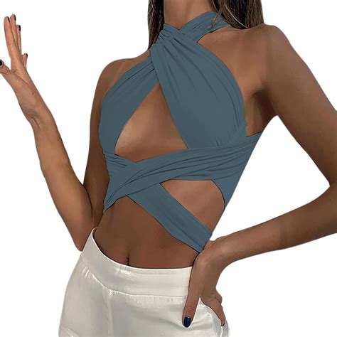 Womens Sexy Criss Cross Bandage Crop Halter Top Self Tie Wrap Tank Top Cut Out Bustier Cami