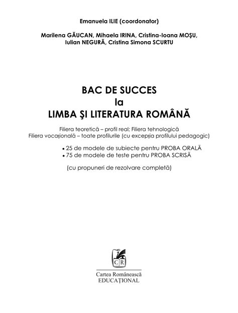 Bac De Succes La Limba I Literatura Rom N Docslib