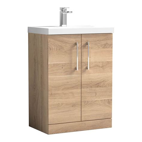 Nuie Arno 600mm Floor Standing 2 Door Vanity Unit And Mid Edged Basin 1th Bleached Oak