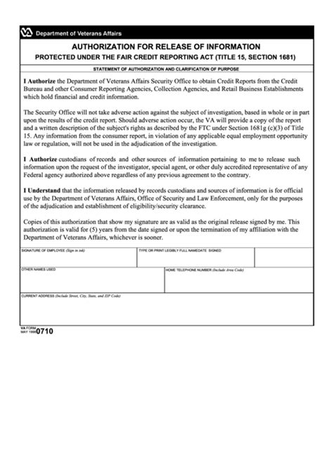 Fillable Va Form Authorization For Release Of Information