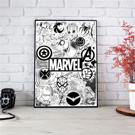 Marvel Doodle Sketch Poster Print Wall Art Ongeframede A6 A5 Etsy