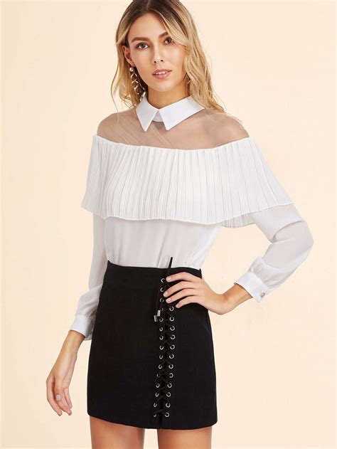 White Mesh Insert Ruffle Trim Chiffon Blouse Shein Sheinside