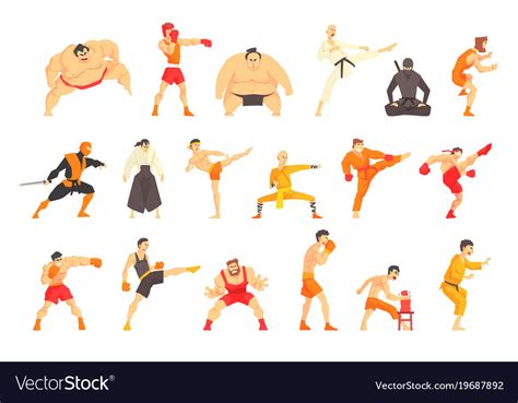 Martial Arts Fighters Demonstrating Different Vector Image