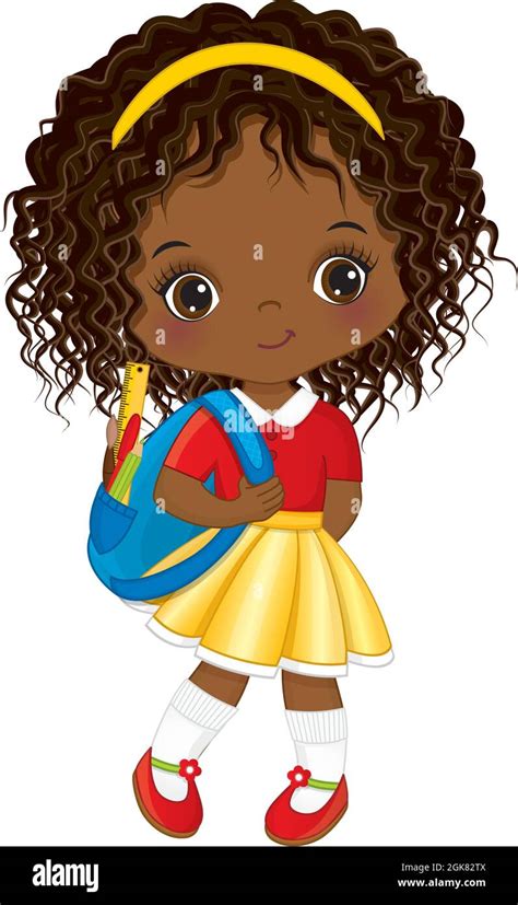 Cute Little School African American Girl Holding Rucksack With Accessories Vector School Black