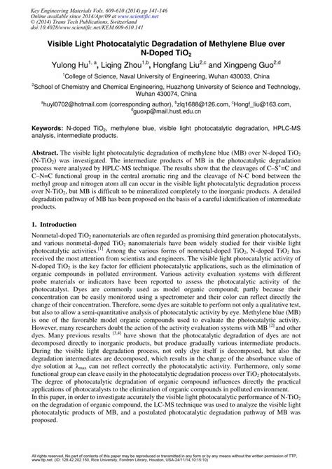 Pdf Visible Light Photocatalytic Degradation Of Methylene Blue Over N