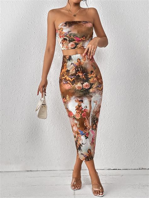 Shein Priv Con Estampado De Figura Top Bandeau Falda De L Piz Moda